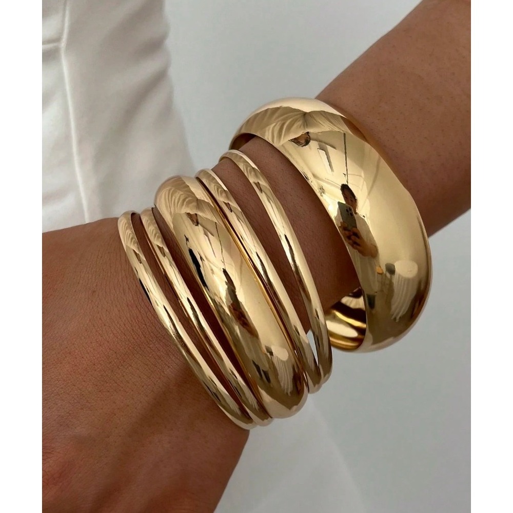 Gold Tone Polished Bangle Bracelet Set 5 Piece Stackable Dome Statement Jewelry